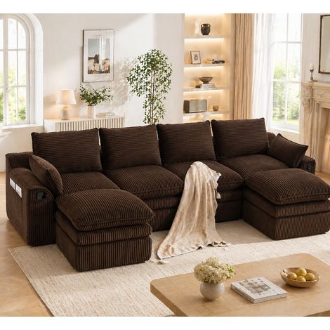 Canapé modulable 4 places velours côtelé 2 poufs coussins poches latérales mousse 3 couches ressorts confort salon bureau marron