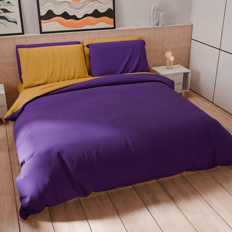 Set Housse de Couette 250x200 cm 2 Taies d'oreiller 50x80 cm Incluses, Parure de Lit Microfibre 2 Personnes Douce Violet Jaune (1/5)