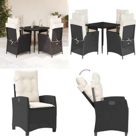 5-tlg. Garten-Essgruppe mit Kissen Schwarz Poly Rattan - Gartenstuhl - Gartentisch (1/5)