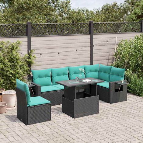 7-teiliges Gartensofa-Set mit Kissen, schwarzes Polyrattan (1/5)