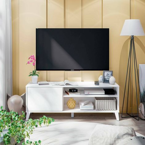 Dmora - Mueble de televisión Viring, Aparador de salón, Mueble bajo para TV, Base de pared equipada, 135x40 h50 cm, Blanco (1/5)