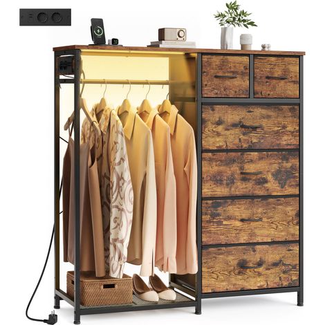 Portant à Vêtements avec 6 Tiroirs, Vestiaire avec Éclairage LED et Prises, Étagère à Chaussures, pour Chambre et Entrée, 102,7 x 35 x 117,6 cm, Marron Rustique, LGS523K102 (1/5)