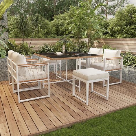 Ensemble de 7 tables et chaises d'extérieur pour 6 personnes, avec enroulement en rotin PE -Naturel+Blanc (1/5)