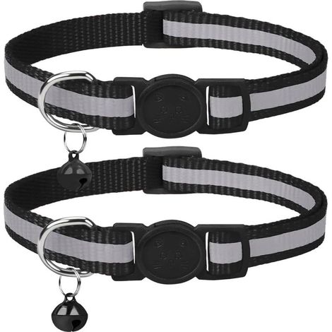 2 Pieces Reflective Cat Collar,Anti Choke Cat Collar with Bell and Safety Buckle,Black Adjustable Collars 19 32 cm Suitable for Most Domestic Cats (1/5)