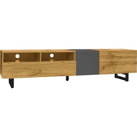 Mueble TV color madera y gris oscuro 170 x 36,5 x 42 cm con 3 puertas y 2 huecos (1/5)
