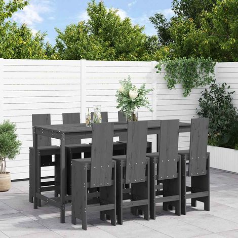 Ensemble de bar de jardin 9 pièces en pin massif gris avec table et 8 tabourets - PANGIVO (1/5)