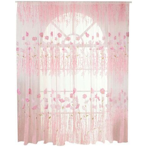 Voile/Tulle Curtain with Floral Pattern in Polyester - Decoration for Bedroom or Living Room (Pink) (1/4)