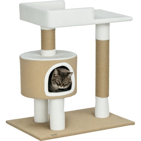 Katzenbaum mit Versteck, 1 Liegefläche, Maße 70 x 49 x 79 cm, Farbe: Natur und Weiß