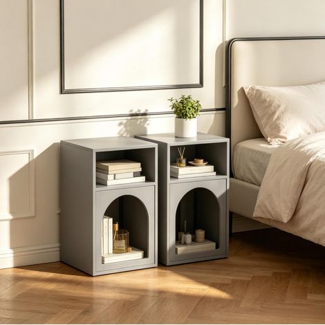 Set de 2 mesitas de noche 40/30/60 cm grises con huecos abiertos y diseño arqueado en MDF (1/5)