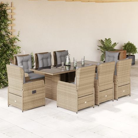 Ensemble repas de jardin 9 pièces en poly rotin beige avec coussins et fauteuils inclinables - PANGIVO (1/5)