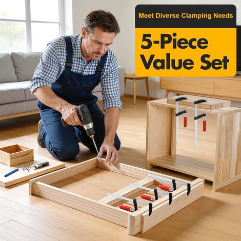 5 Stück Schraubzwingen-Set, Profi Einhandzwingen, F-Klemme, Spannwerkzeug, Zwingen für Schweißarbeiten und Holzbau, 5cm Klemmbreite, 25cm Klemmgröße (1/5)