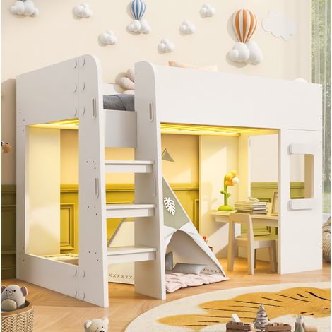 Lit mezzanine 90x200 cm blanc et rose en MDF et contreplaqué avec bureau et éclairage LED (1/5)