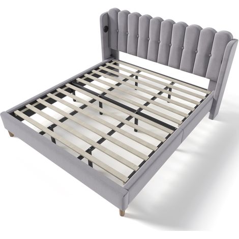 Lit rembourré double avec fonction de charge USB Type C, cadre de lit avec sommier à lattes, lit rembourré gris, 180 x 200 cm, cadre de lit pour jeunes pour chambre à coucher et chambre d'amis, matéri (1/5)
