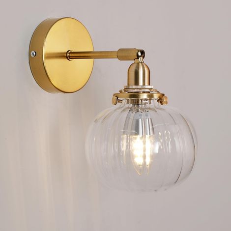 Applique murale de loft vintage dorée avec interrupteur, applique murale intérieure E27, lampe de chevet murale rotative pour chambre à coucher, couloir, salon, verre transparent rayé 13 cm (1/5)