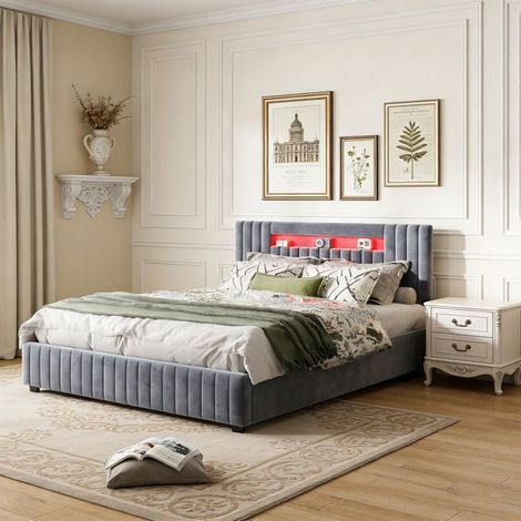 Letto Contenitore 160x200 Velluto Grigio Capitonné - Idraulico - Testata Letto LED e USB - Rete Inclusa