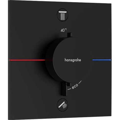 Mitigeur thermostatique, Robinet encastré avec arrêt de sécurité à 40°C, Thermostat carré, 2 sorties, Noir mat (1/5)