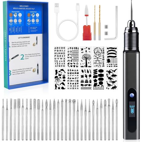 Stylo de gravure, outil gravure sans fil en alliage d'aluminium 21 000 tr/min, kit stylo électrique rechargeable pour métal, bois, verre, bijoux, pierre avec 33 embouts et 10 pochoirs - 49pc (1/5)