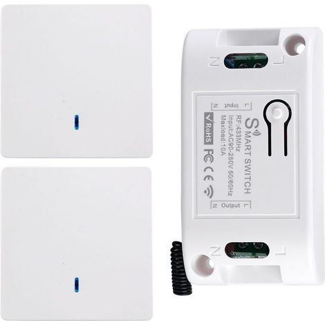 Lot de 2 interrupteurs sans fil - 433 MHz - 10 A - 220 V - Avec récepteur - Sans pile - Pour lampe intérieure et extérieure (2 interrupteurs avec 1 récepteur) (1/5)