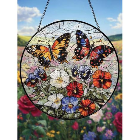 Schmetterlings- und Blumen-Sonnenfänger, 20 cm, Buntglasdekoration (1/5)