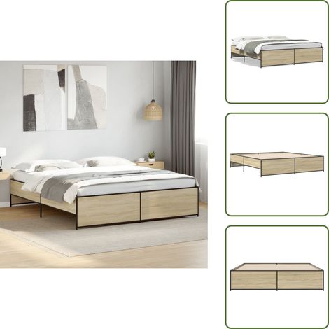 Bettgestell Sonoma-Eiche 200x200 cm Holzwerkstoff und Metall - Holzbetten - Doppelbett - Bettkasten - Lattenrost - Bettrahmen (1/5)