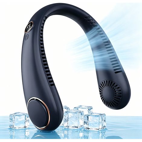 Wiederaufladbarer, blattloser Nackenventilator – 5 Geschwindigkeitsstufen – mit Display – Leiser Ventilator – Ideal als Geschenk – für Spaziergänge, Reisen, Homeoffice und Sport – Dunkelblau