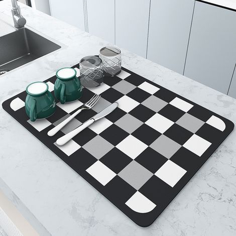 Tapis Égouttoir à Vaisselle Tapis de Séchage Doux en Diatomée Antidérapant Tapis à Séchage Rapide pour Comptoirs de Cuisine 30x40cm (Damier) (1/5)