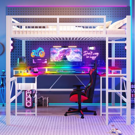 Hochbett 140x200 cm Weiß aus Metall und MDF mit LED-Lichtleiste, Schreibtisch, USB-C und Steckdosen (1/5)