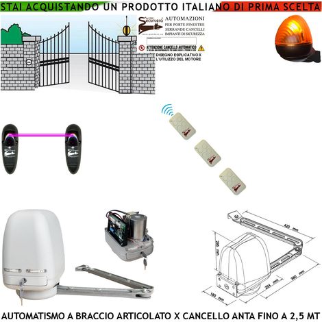 CANCELLO ELETTRICO KIT MOTORE A BRACCIO ARTICOLATO 230/24 V ANTA BATTENTE DA 0,5 A 2,5 MT CENTRALE 3 RADIOCOMANDI FARO FOTOCELLULE (1/4)