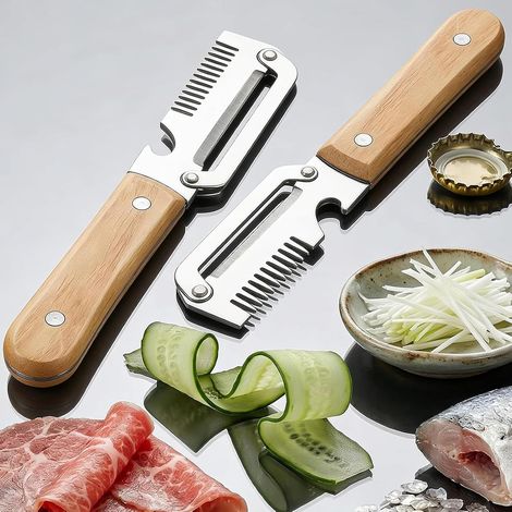 Pelador Multifuncional 5 en 1 para Cocina con Hoja de Acero Inoxidable Ultra Afilada y Mango de Madera Ergonómico, Abridor de Botellas, Escamador de Pescado y Cortador de Cebolla (2 Piezas) (1/5)