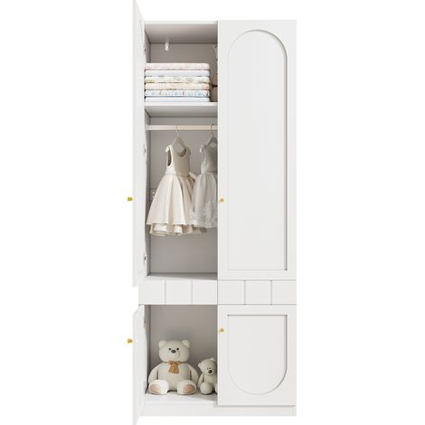 Kleiderschrank mit 4 Türen, 2 Push-to-Open-Schubladen und Kleiderstange, aus MDF, Weiß, 80 × 50 × 200 cm (1/5)