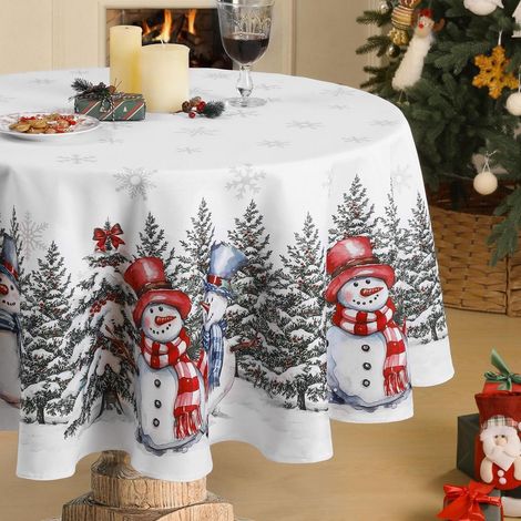 Nappe ronde Noël 160 cm lavable avec motif bonhomme de neige