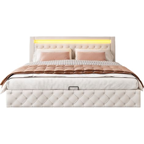 Letto Matrimoniale con Contenitore, LED Regolabile e Telecomando, Rete 180 x 200 cm, senza Materasso, Bianco PU (1/5)