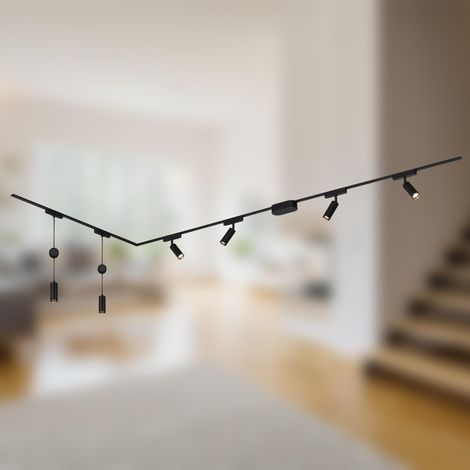 Système de rail set complet, 4x spots LED, 2x suspensions LED réglables en hauteur, forme L, lampes, système de rail lumineux pour plafond, rail de spots, plafonnier, 3m, noir (1/5)
