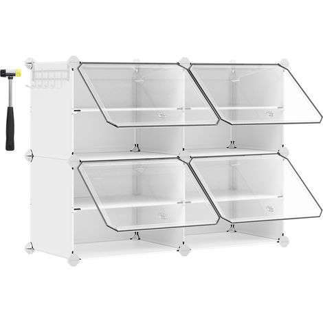 SONGMICS Étagère à Chaussures 4 Compartiments, Étagère de Rangement Modulable, Compartiment de 30 x 40 x 30 cm, avec Porte, Cadre en Acier, Panneaux en Plastique, Blanc (1/5)
