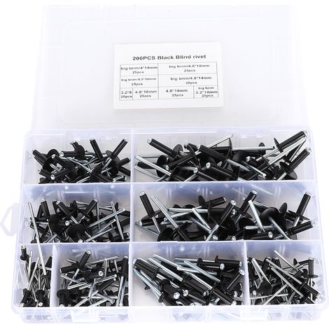 Kit de rivets aveugles noirs, 200 pièces, assortiment de fixations en aluminium 3.2/4.0/4.8mm