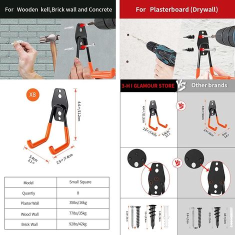 3-H 8PC Garage Wall Hook, Garage Storage, Steel Wall Hook with 3 Welds Instead of 2 Stronger for Ladder, Bikes, Pipes, Power Tools (Orange)