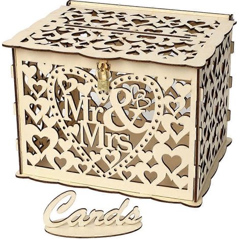 Boîte Cadeau Mariage Rustique en Bois "Mr & Mrs" avec Serrure pour Argent (1/4)