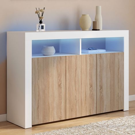 Aparador de 3 puertas ELIGHT de 110 cm con luz LED y hornacinas de madera blanca y efecto haya (1/5)