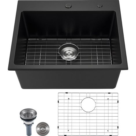 Évier de cuisine de 63 cm, évier en granit à poser, cuve unique encastrée de style ferme avec de nombreux accessoires, compatible lave-vaisselle, idéal pour camping-car, cuisine de préparation et bar (1/5)
