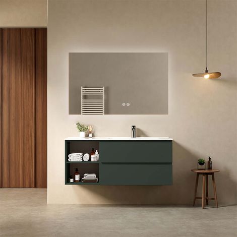 Mobile bagno sospeso 120 cm Verde Comodoro Lavabo a Destra in Ceramica Specchio Quadro Retroilluminato - Fiji Paint Plus (1/4)