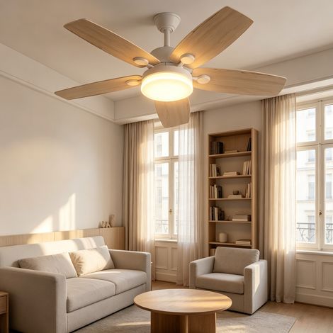 JOOKGBD-Ventilateur de plafond plat ultra silencieux, lumière LED tricolore 3000K-6500K, fonction réversible été/hiver, 6 vitesses, télécommande minuterie 1/4/8h pour chambre salon - Bois naturel