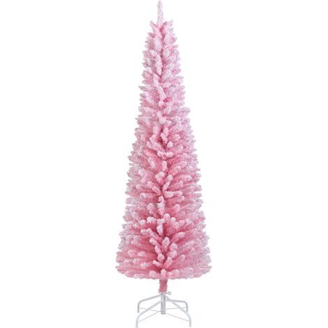 Sapin de Noël Artificiel Rose de 180cm, Arbre de Noël Slim en Forme de Crayon avec 460 Branches Enneigés, Support Métallique Pliable (1/5)