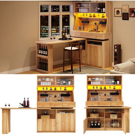 Armoire haute avec bureau et table de bar, armoire sur pied multifonctionnelle avec éclairage LED et contrôle par application, portes en verre, étagères réglables, panneau perforé, pour salon, salle (1/5)