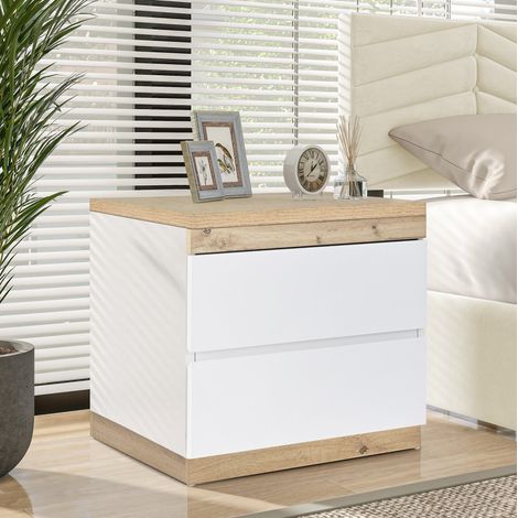 MEUBLIV Table de chevet 55 x 40 x 55 cm blanc et chêne – 2 tiroirs, rangement chambre (1/5)