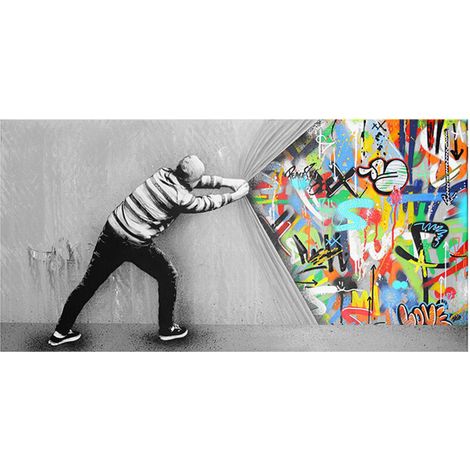 Graffiti Toile Art Décor Behind the Curtain Graffiti Art Tableau Street Art Impression sur Toile Tableau(sans cadre,50x100cm) (1/4)