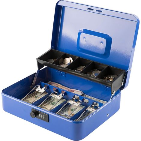 Large Cash Box with Combination Lock,Money Box with Cash Tray, Lock Safe Box with Key,Money Saving Organizer,11.81Lx 9.45Wx 3.54H Inches,Blue XL Large (1/5)