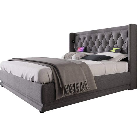 Letto matrimoniale 180x200 cm grigio in cotone con contenitore idraulico e LED - CHICFURN (1/5)