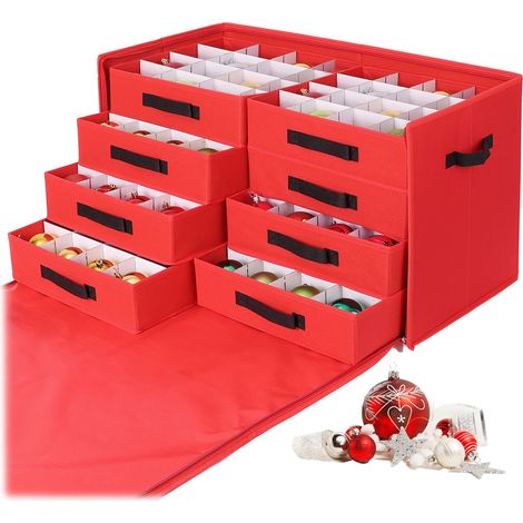 Relaxdays Weihnachtskugel Aufbewahrungsbox, 128 Kugeln, HxBxT: 40 x 73 x 36,5 cm, Polyester, Pappe, Kugelkiste, rot (1/5)