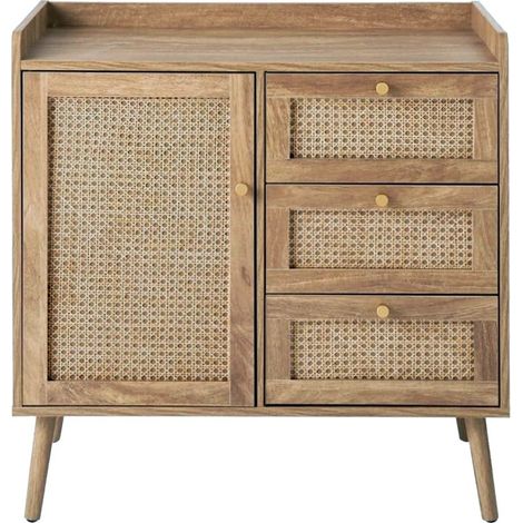 Calicosy – Commode 1 porte 3 tiroirs en rotin naturel et pieds en pin massif – Longueur 80 cm – Bouton en métal doré – Rebord sur le dessus