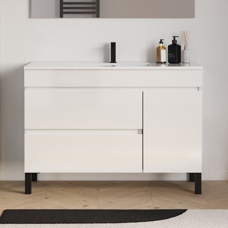 Meuble de salle de bain 120cm simple vasque sur pieds avec porte et tiroirs - sans miroir - blanc brillant - LAZARO (1/5)
